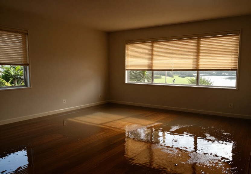 Flooded timber floor in a Mosman apartment before drying